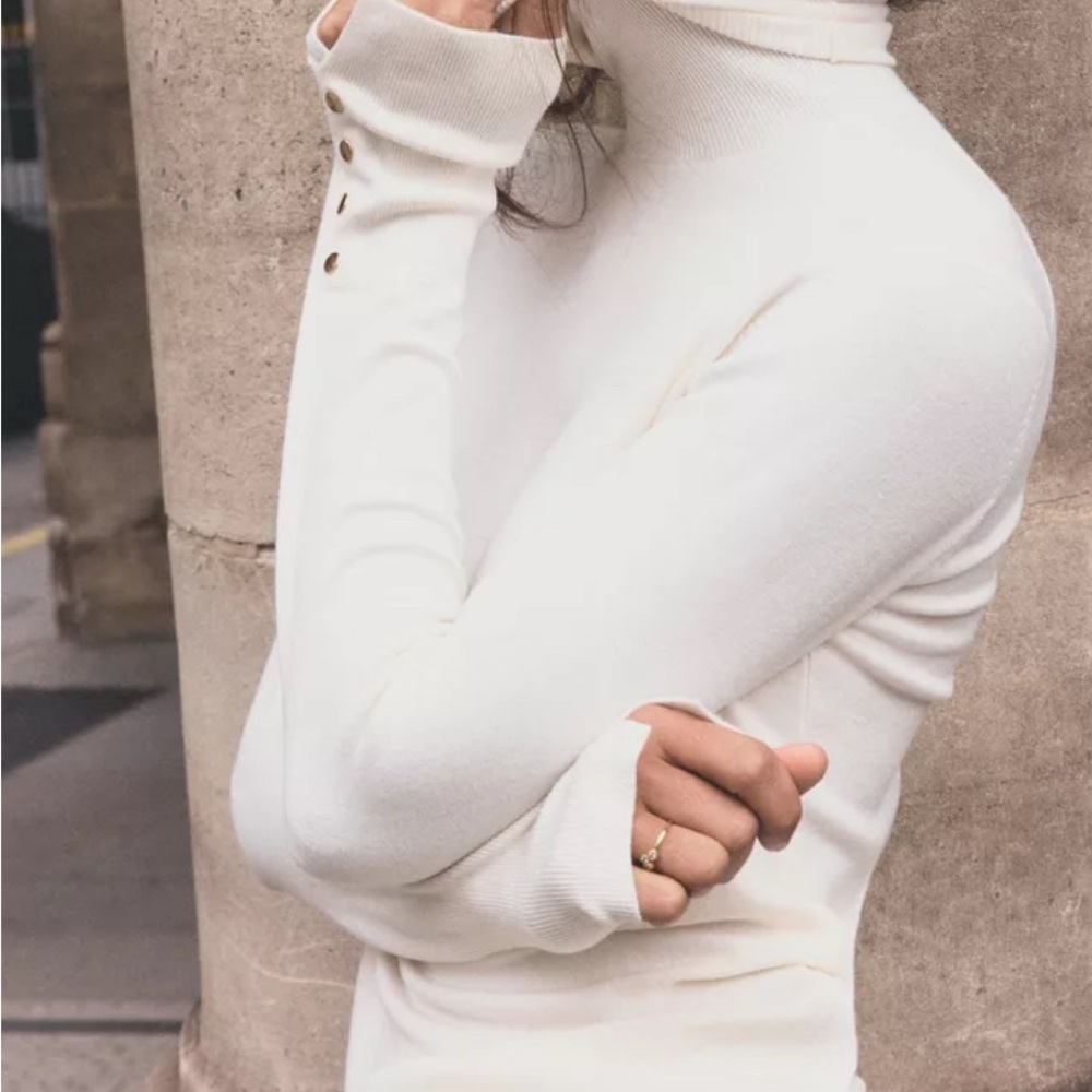 Zara Cream Buttoned Knit High Collar Sweater